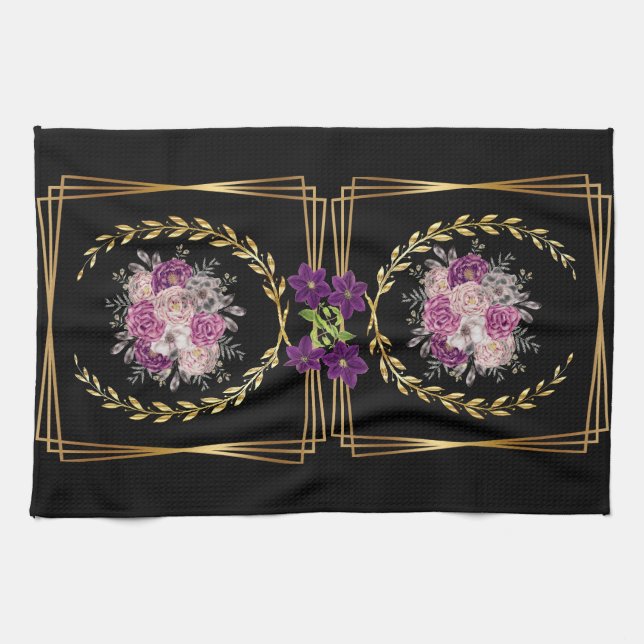 Modernes Schwarz Gold Lila floral Trendsetter Boho Geschirrtuch (Horizontal)