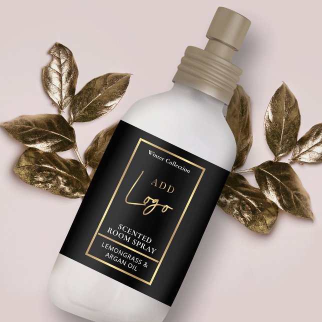 Modernes Schwarz-Gold-Logo-Spray-Flaschenetikett (Black and gold air freshener spray wrap around label design with space for your logo)