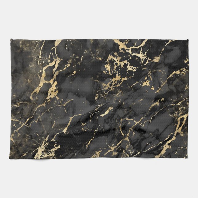 Modernes Schwarz-Gold-Marmor-Muster Geschirrtuch (Horizontal)