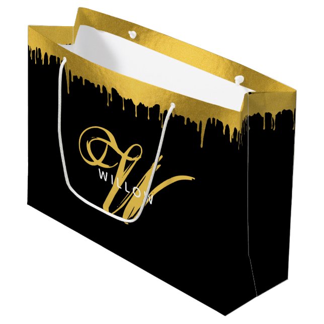 Modernes Schwarz/Gold Monogram-Vintages Skript Große Geschenktüte (Vorderseite Schrägansicht)