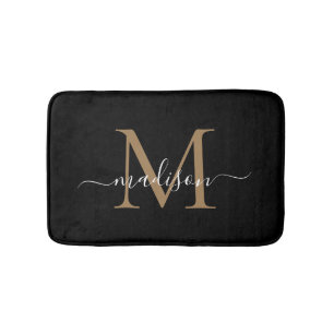 Modernes Schwarz-Gold-White-Monogram-Skript-Elegan Badematte