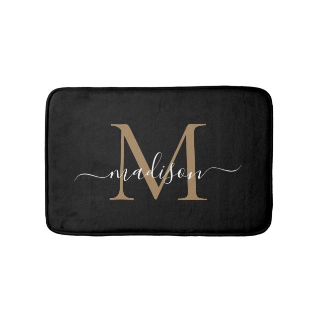 Modernes Schwarz-Gold-White-Monogram-Skript-Elegan Badematte (Vorderseite)