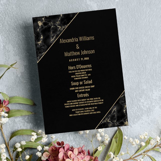 Modernes, schwarz-goldenes Marmormenü Menükarte (Modern black gold elegant marble Wedding Menu )