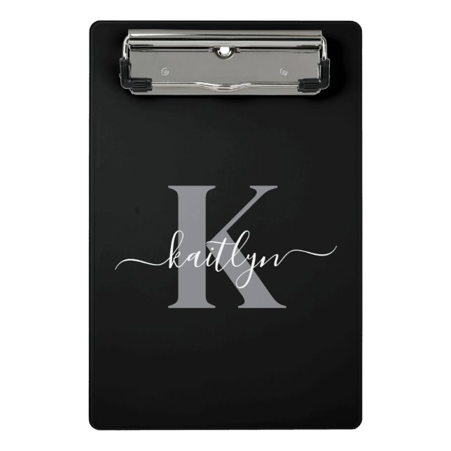 Modernes Schwarz-Grau-Script-Monogramm Mini Klemmbrett (Vorderseite)