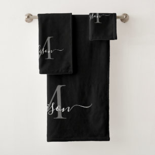 Modernes Schwarz-Grau-Silver-Monogramm-Skriptname Badhandtuch Set