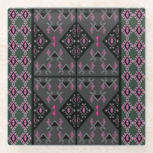 Modernes Schwarz, Grau und Kilim Pink Inspiriertes Glasuntersetzer