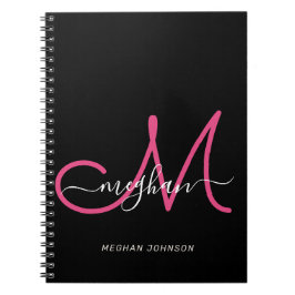 Modernes Schwarz Hot Pink Script Mit Monogramm Notizblock