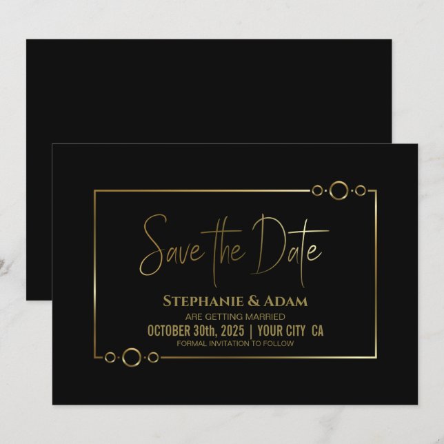 Modernes Schwarz mit Goldrahmen Hochzeit speichern Save The Date (Vorne/Hinten)