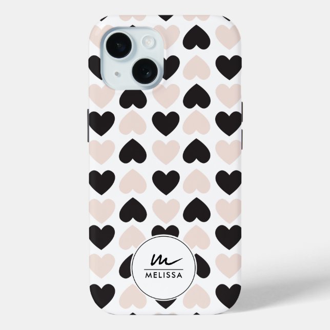 Modernes Schwarz-Rosa-Liebe-Herz-Monogramm Case-Mate iPhone Hülle (Rückseite)