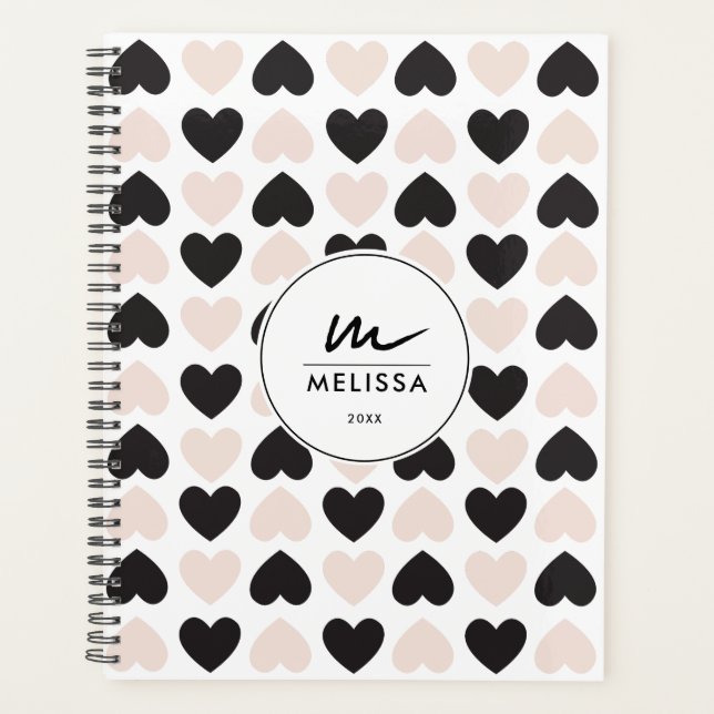 Modernes Schwarz-Rosa-Liebe-Herz-Monogramm Planer (Vorderseite)