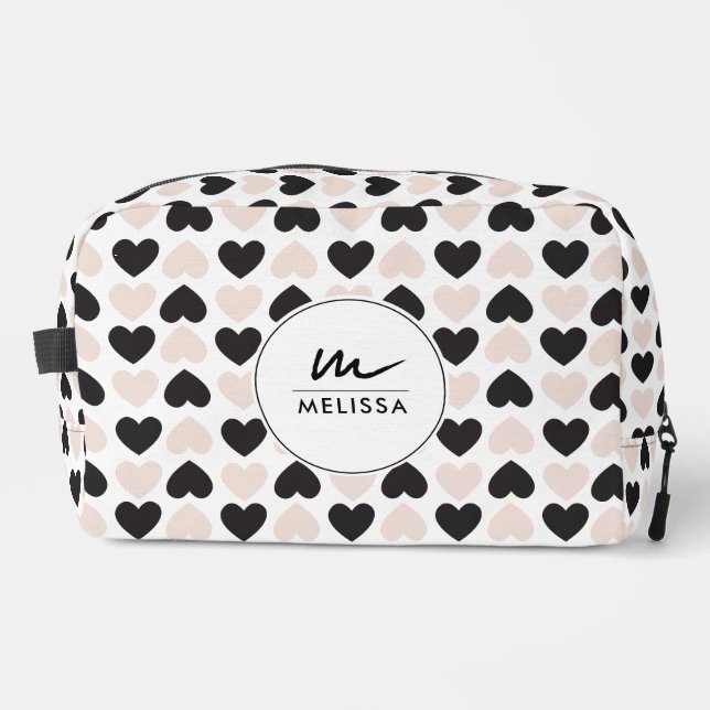 Modernes Schwarz-Rosa-Liebe-Herz-Monogramm Waschbeutel (Vorderseite)