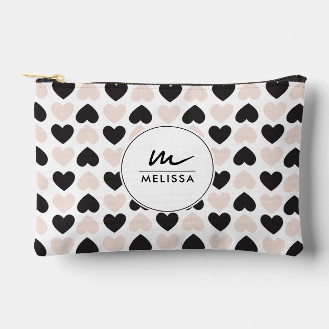 Modernes Schwarz-Rosa-Liebe-Herz-Monogramm Zubehörtasche (Vorderseite)