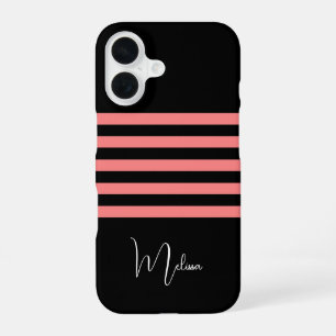 Modernes Schwarz Rosa Streifen Mit Monogramm iPhone 16 Hülle