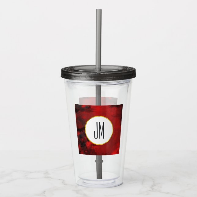 Modernes Schwarz/Rot-Abstraktes Monogramm Acryltrinkbecher (Vorderseite)