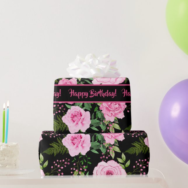 Modernes Schwarz Schönes rosa Rosenmuster Geschenkpapier (Partygeschenke)