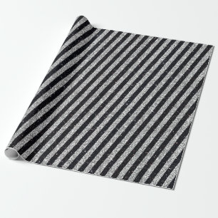 Modernes Schwarz-Silber-Glitzer-Streifenmuster Geschenkpapier