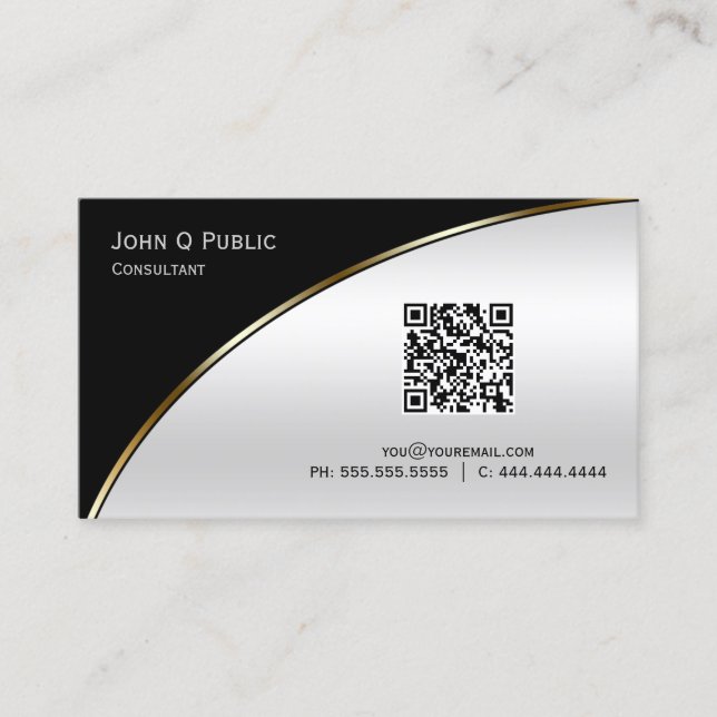 Modernes Schwarz Silver QR Elegantes Beruflich Visitenkarte (Vorderseite)