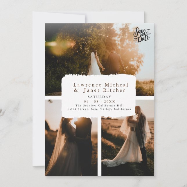 Modernes Schwarz über 3 Foto minimalistisch laden Save The Date (Vorderseite)