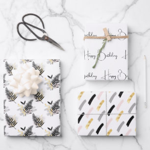 Modernes Schwarz und Gold auf Weiß koordiniert Geschenkpapier Set