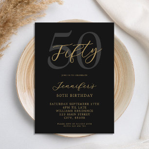 Modernes Schwarz und Gold Elegant 50. Geburtstag Einladung
