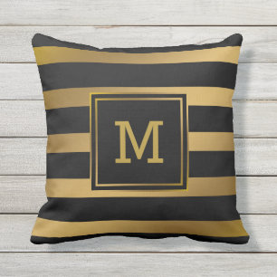Modernes Schwarz-und Goldstreifen-Monogramm adrett Kissen