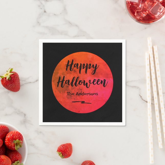 Modernes Schwarz und Orange Vollmond Happy Hallowe Serviette (Beispiel)