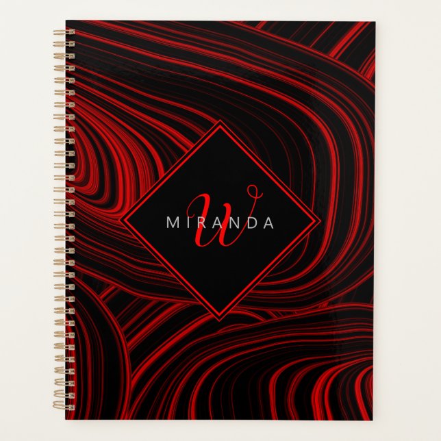 Modernes Schwarz und Rot Abstrakt Mit Monogramm Planer (Vorderseite)