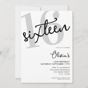 Modernes Schwarz-Weiß-Elegant zum 16. Geburtstag Einladung
