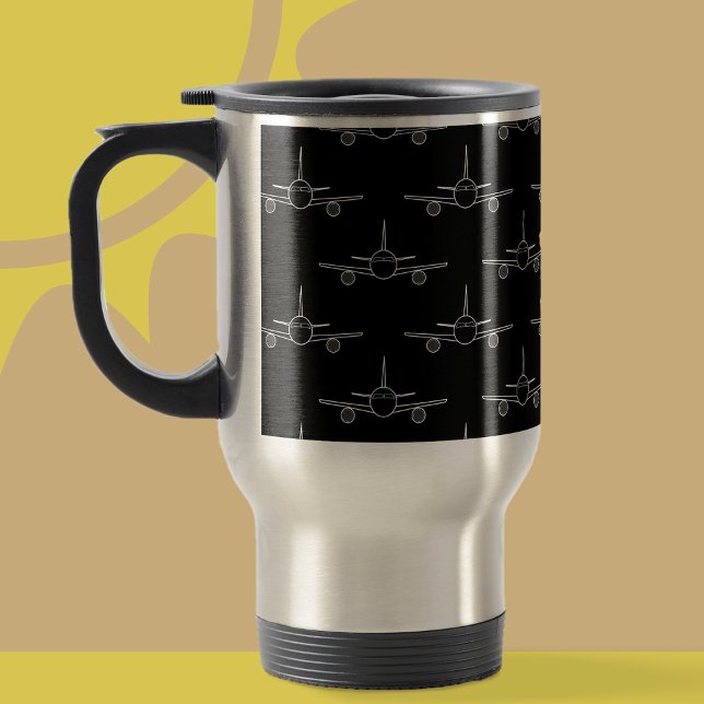 Modernes Schwarz-Weiß-Flugzeug-Muster Reisebecher (Plane Mug)