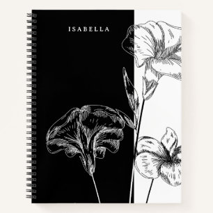 Modernes Schwarz-Weiß-Foral Personalisiert Notizbuch