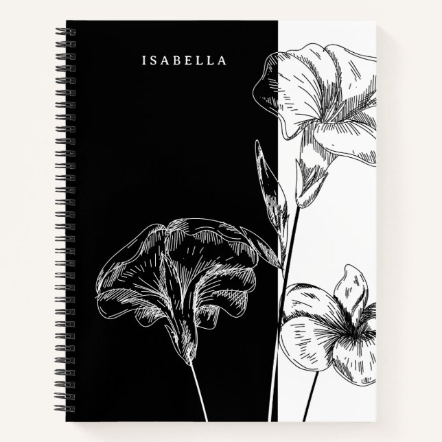 Modernes Schwarz-Weiß-Foral Personalisiert Notizbuch (Vorderseite)