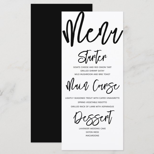 Modernes Schwarz-Weiß-Kalligrafie-Hochzeitmenü Menükarte (Vorne/Hinten)