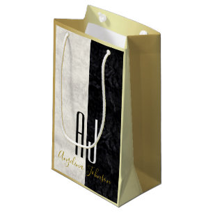 Modernes Schwarz-Weiß-Marmor, Goldmonogramm Kleine Geschenktüte