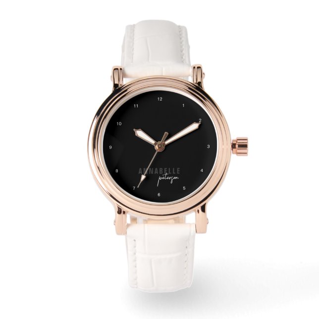 Modernes Schwarz/Weiß-Minimalskript Personalisiert Armbanduhr (Vorderseite)