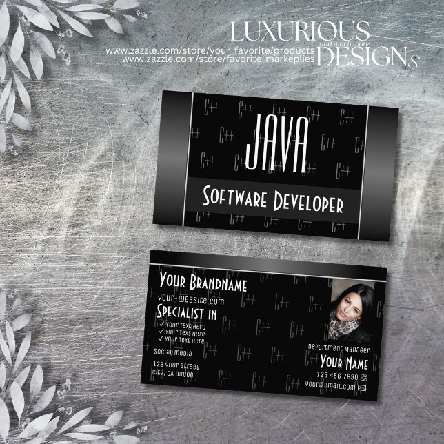 Modernes Schwarz-weiß mit Foto- und Lettermuster Visitenkarte (Von Creator hochgeladen)