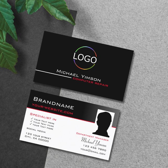 Modernes Schwarz-weiß mit Logos und Foto Beruflich Visitenkarte (Von Creator hochgeladen)