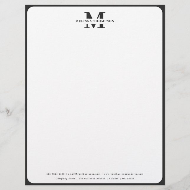 Modernes Schwarz-Weiß-Mit Monogramm Letterhead Briefbogen (Vorderseite)
