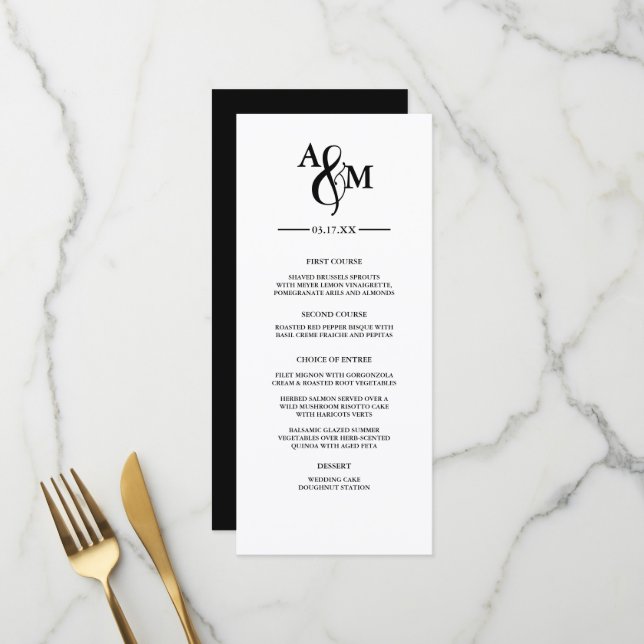 Modernes Schwarz-Weiß-Monogramm-Hochzeitsmenü Menükarte (Vorderseite/Rückseite Beispiel)