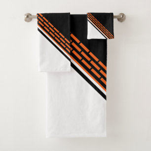Modernes Schwarz-Weiß-Orange-Streifenmuster Badhandtuch Set