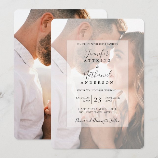 Modernes Schwarz-weiß Overlay Foto Hochzeitseinlad Einladung (Vorne/Hinten)