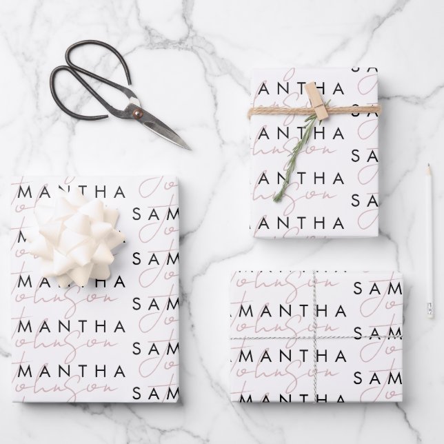 Modernes, Schwarz-weiß rosa Signature-Script Geschenkpapier Set (Vorderseite)