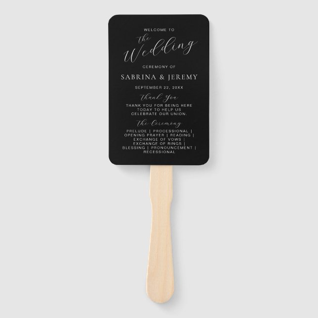 Modernes Schwarz-Weiß-Script-Hochzeitsprogramm Fächer (Vorderseite)