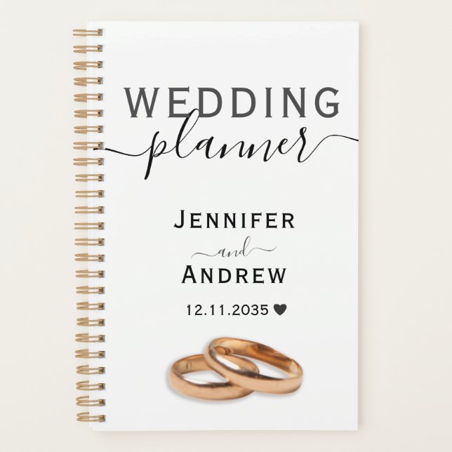 Modernes Schwarz-Weiß-Script mit Rings Wedding Planer (Vorderseite)
