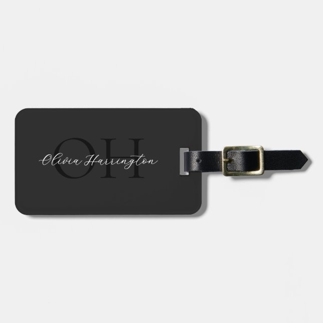 Modernes Schwarz-Weiß-Script-Monogramm Gepäckanhänger (Vorderseite horizontal)