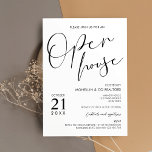 Modernes Schwarz-Weiß-Script-Open House Einladung<br><div class="desc">Mit dieser minimalistischen Open House Einladung kreieren Sie moderne Business-Einladungen für Ihr echtes Anwesen oder House Erwärmung Party. Diese einfache, schwarz-weiße Immobilien-Einladung bietet ein einfaches, minimales Layout mit trendigen Skript-Schriftart und Platz für Ihre Logos und Veranstaltungsdetails. — DIYMyDesignStore ist in keiner Weise mit den in diesem Meldebogen genannten eingetragenen Begriffen...</div>
