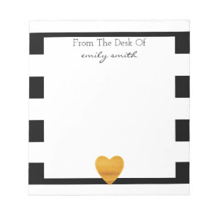 Modernes Schwarz/Weiß Streifen Gold Foil Herz Notizblock