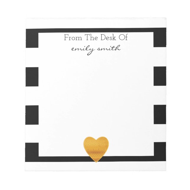 Modernes Schwarz/Weiß Streifen Gold Foil Herz Notizblock (Vorderseite)