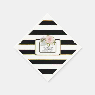 Modernes Schwarz-Weiß-Streifen Rose Brautparty Serviette