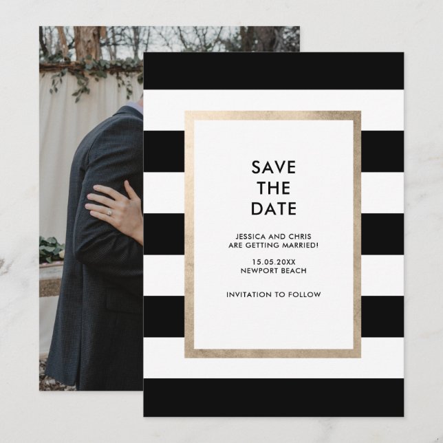 Modernes Schwarz-weiß Strip Rose Gold Foil Foto Einladung (Vorne/Hinten)