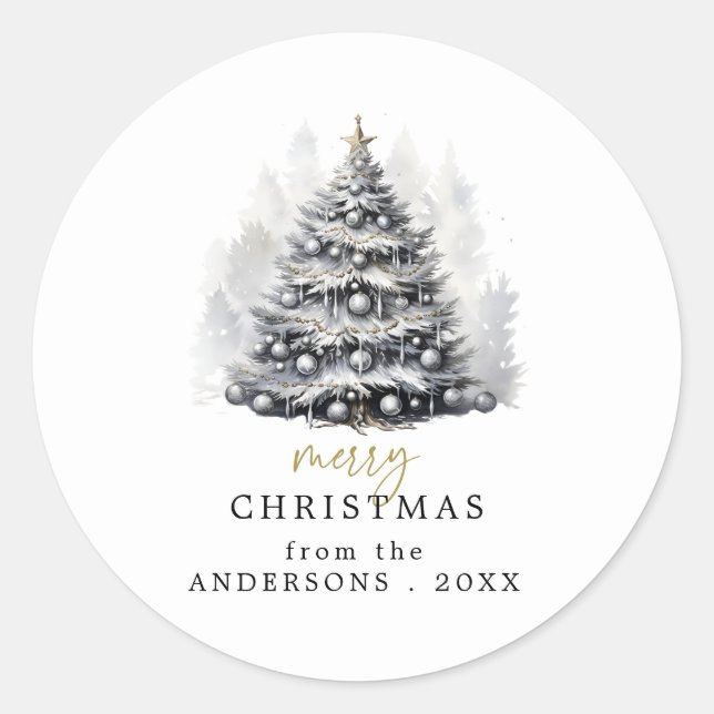 Modernes Schwarz-Weiß-Weihnachtsbaum-Party Runder Aufkleber (Vorderseite)